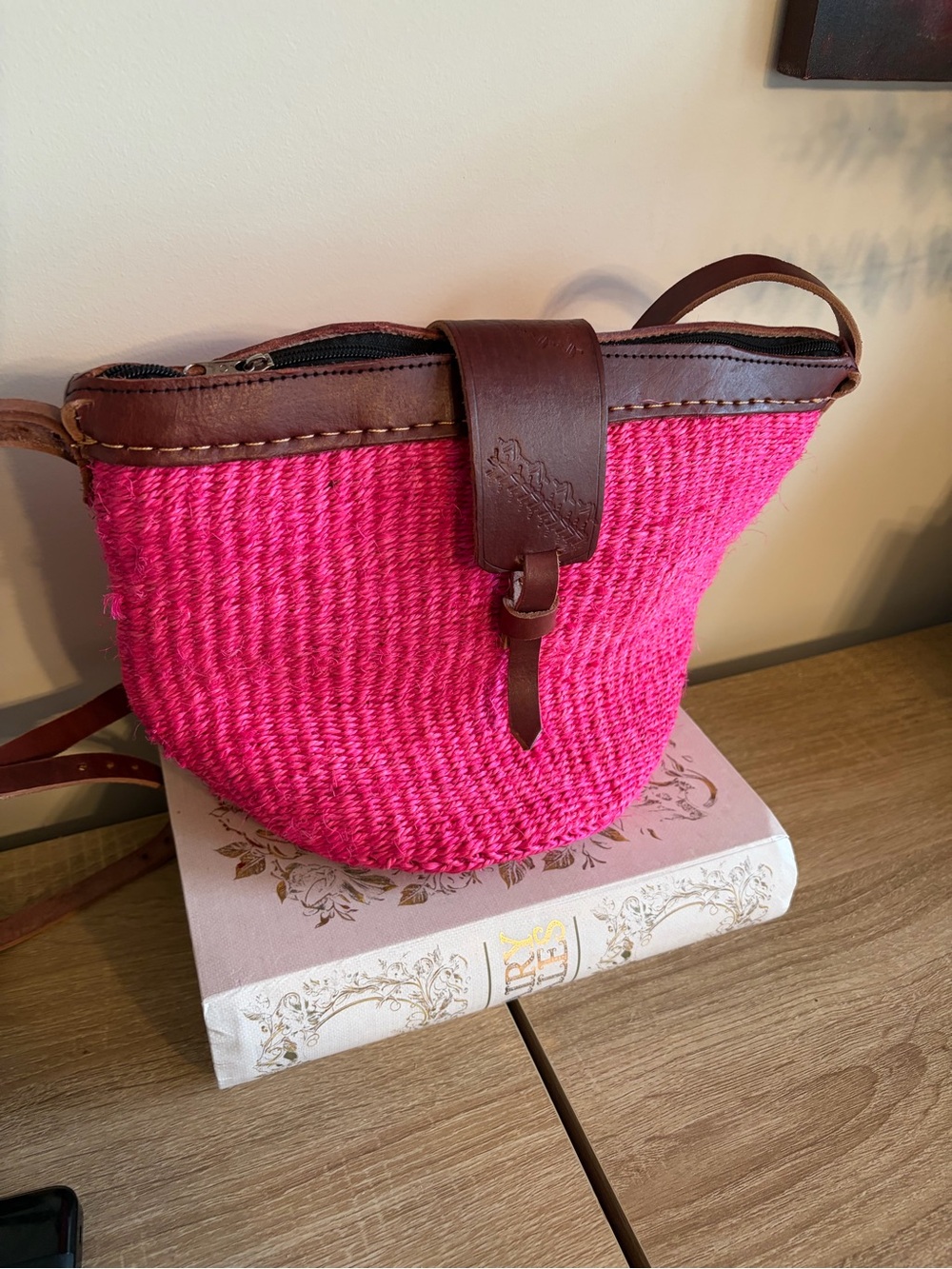 Bright Pink Straw Crossbody with Brown Leather Trim - Picture 2 of 4